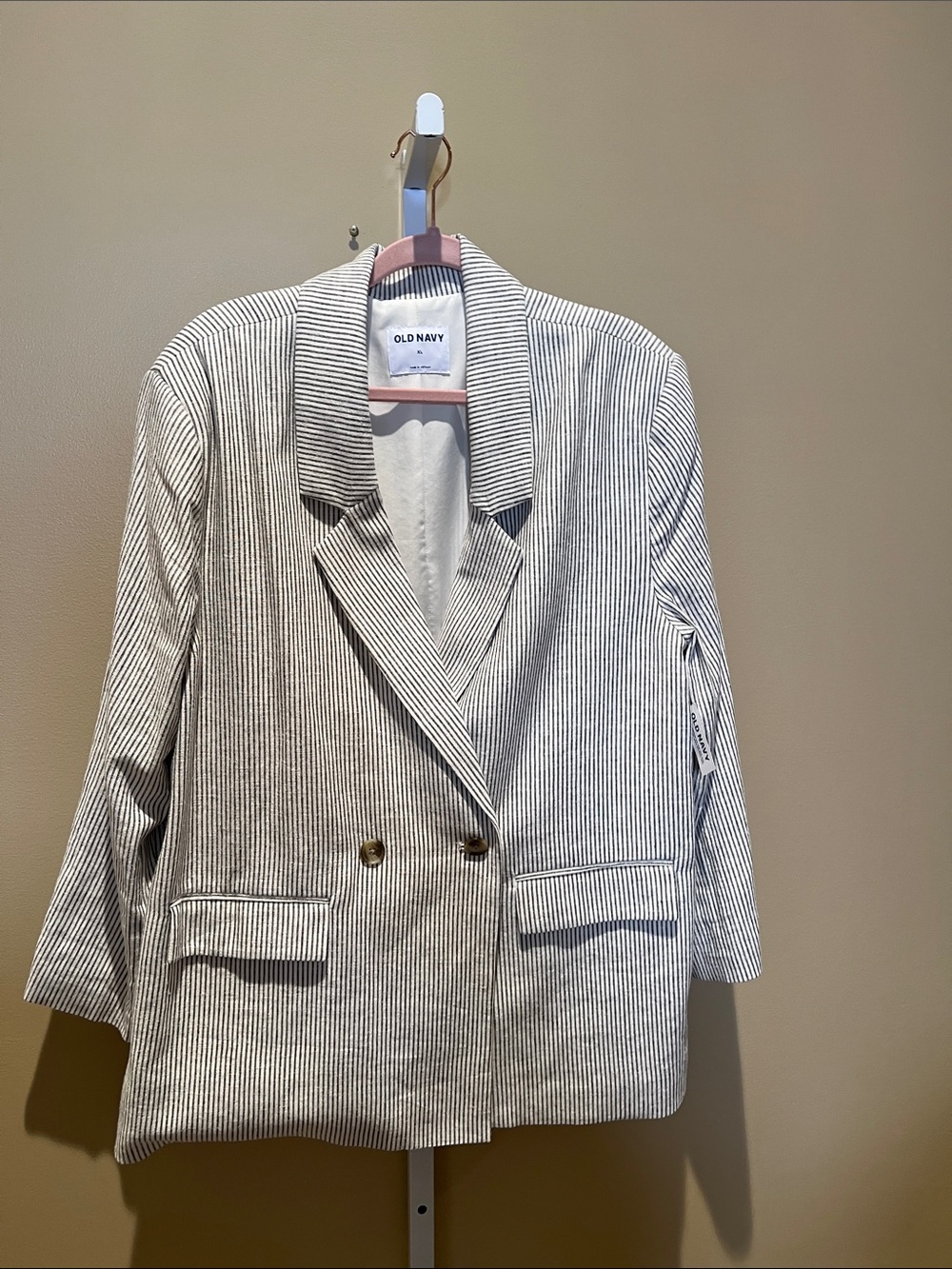 Old Navy Women's Pinstripe Double-Breasted Blazer - White & Navy